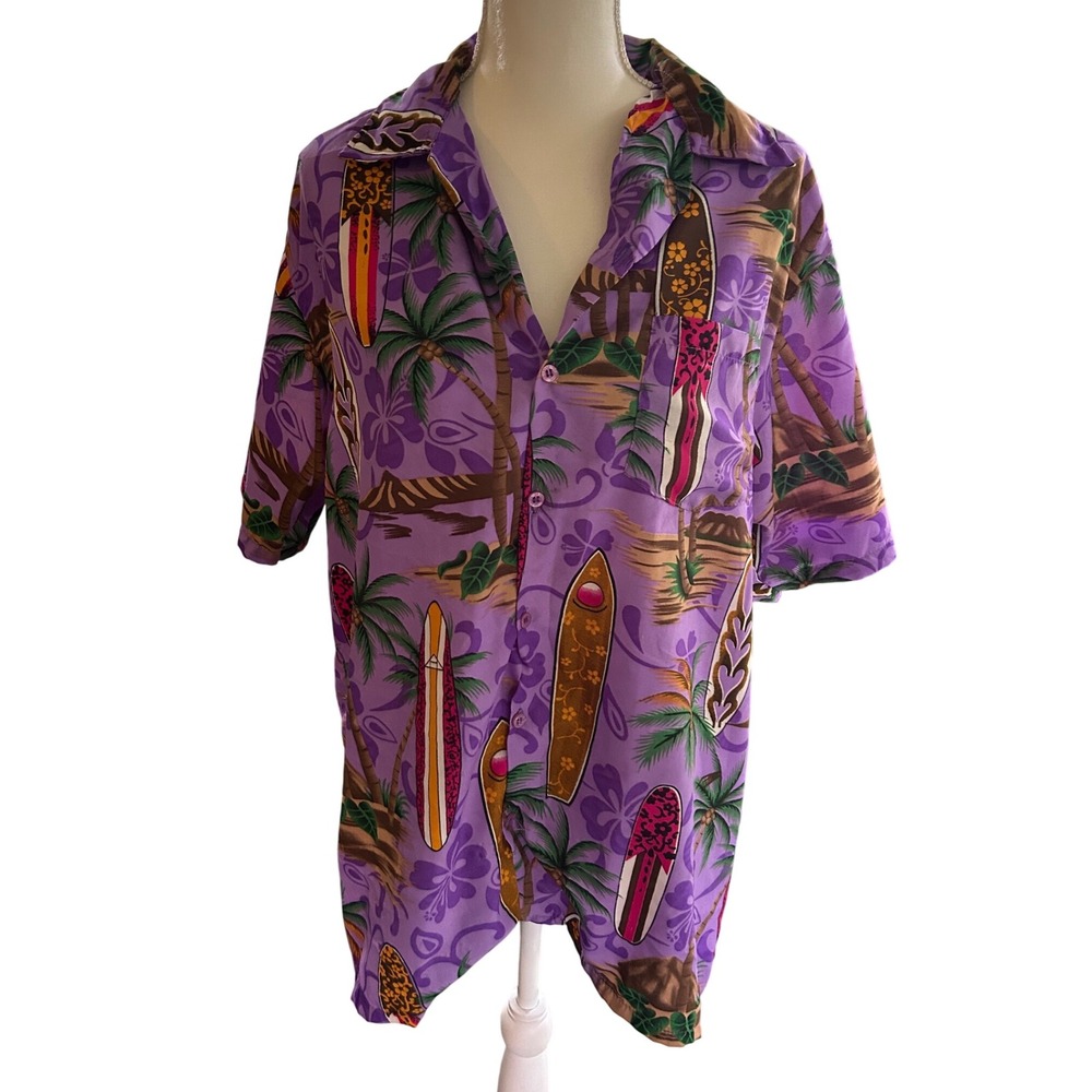 Vintage Mens XL Purple Hawaiian‎ Shirt Surfboard Palm Tree Tropical Button Down